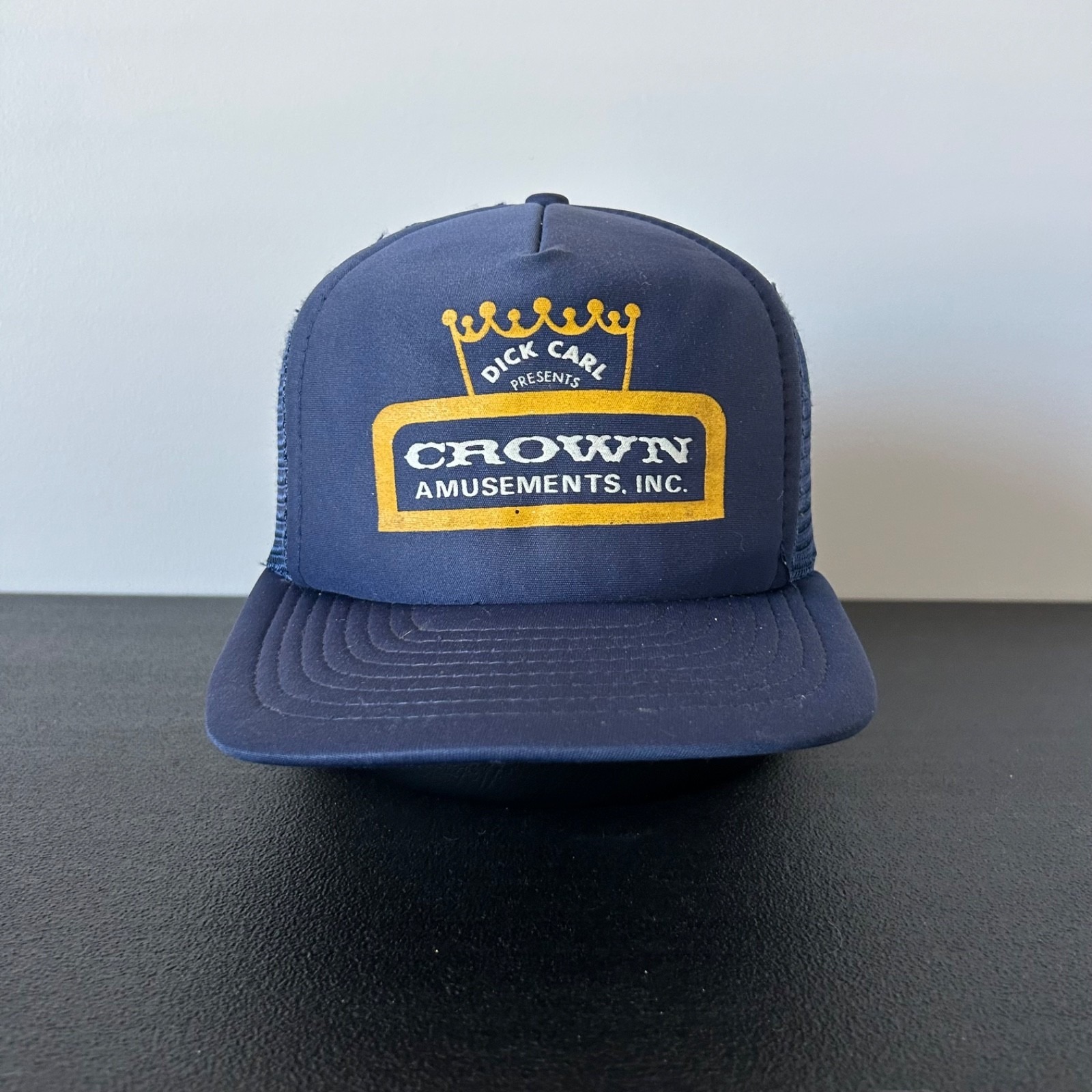 Vintage 80s Crown Amusements Trucker Hat Cap Snap Back Adjustable Navy Blue Mens